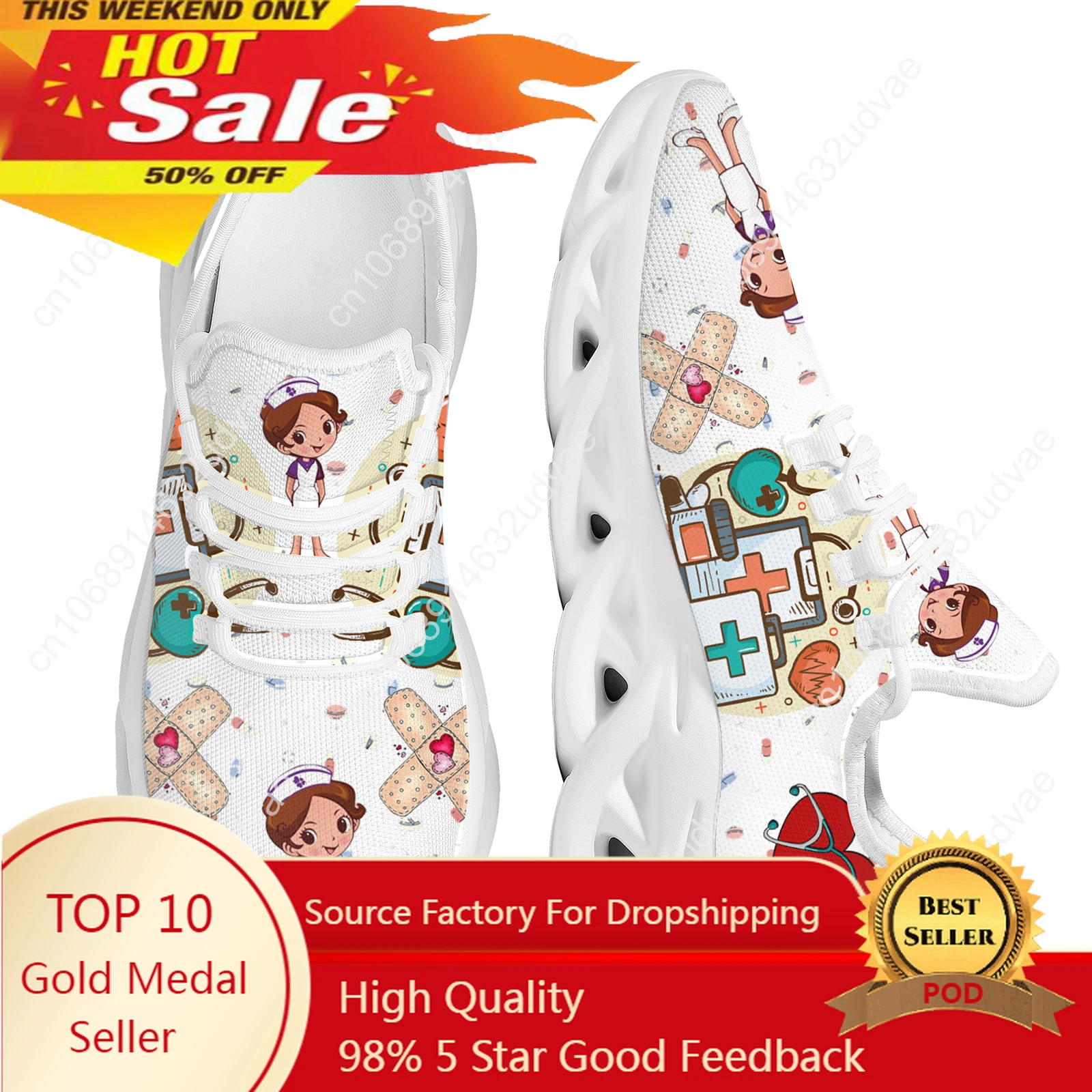 

Brand Design Women Sneakers White Nursing Shoes Cute Cartoon Nurse Doctor Medical Print Light Lace-up Flats Footwear