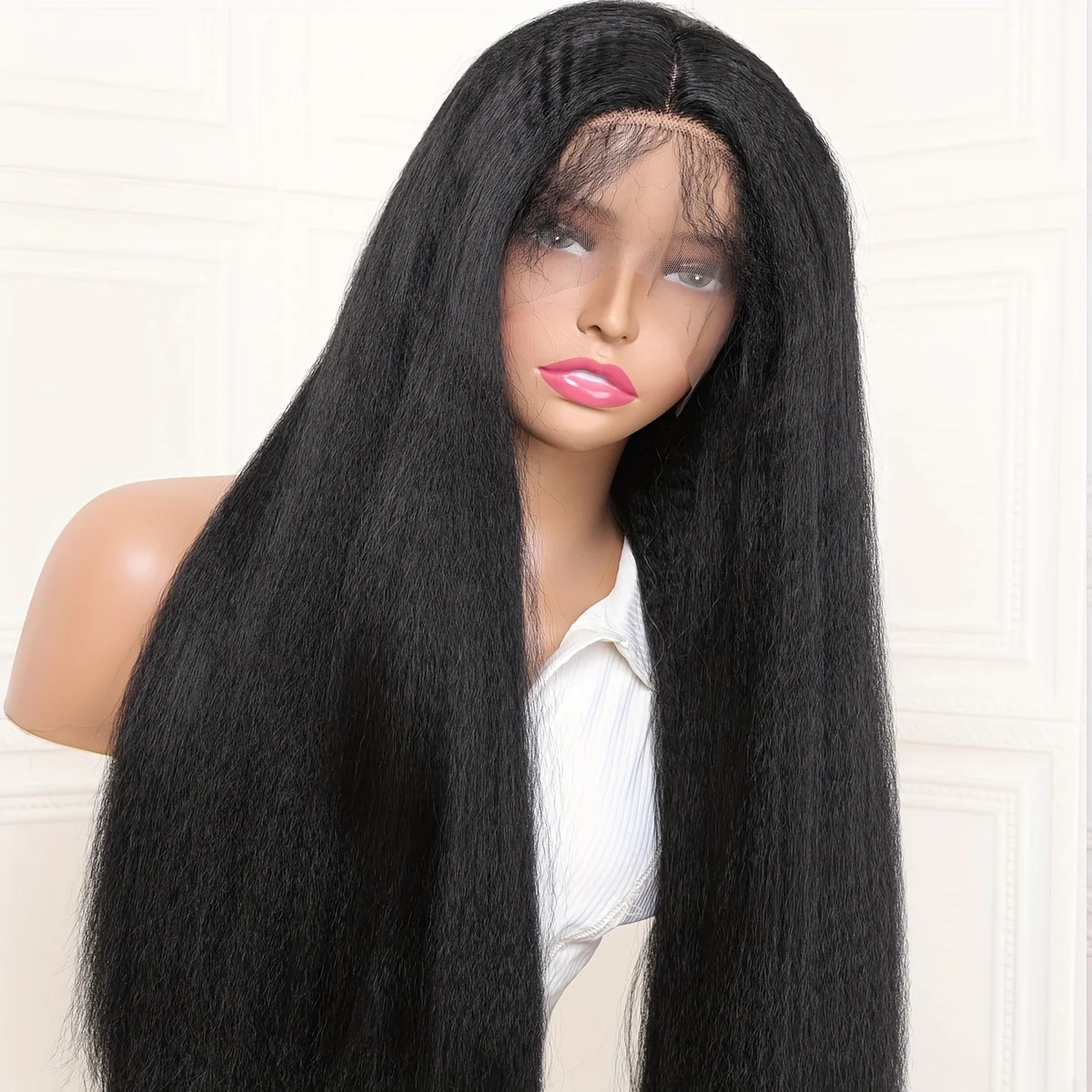 24Inch Kinky Straight Soft Yaki Natural Black Long Glueless Lace Front Wig For Women With Baby Hair Synthetic Preplucked Daily