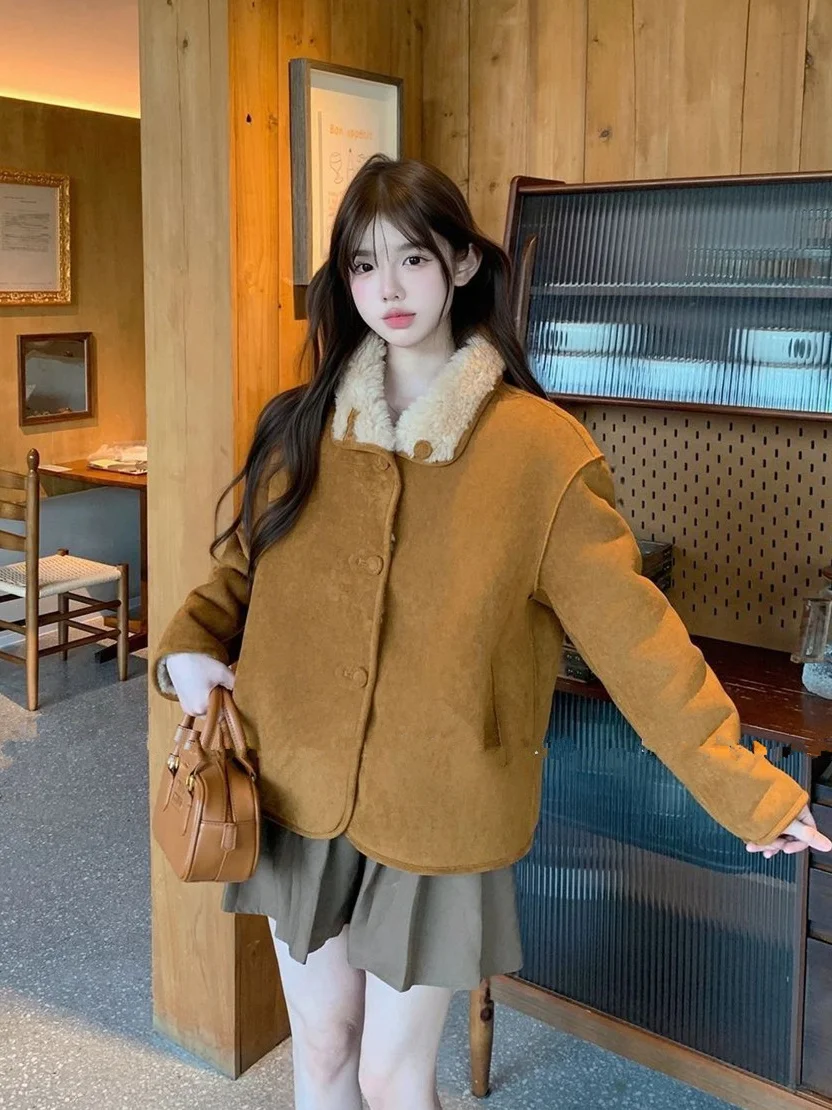 Chaqueta de piel de cordero de doble cara para mujer, abrigo de algodón integrado de talla pequeña para otoño e invierno, ropa exterior cálida y esponjosa