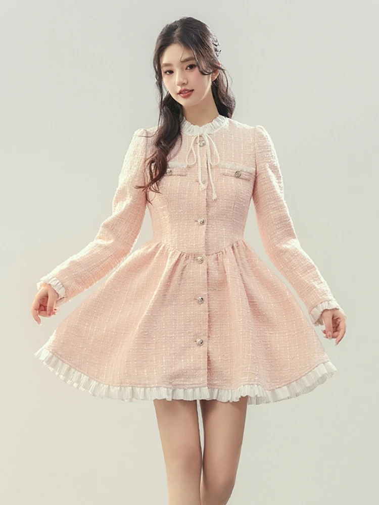 High Quality Small Fragrance Tweed Dresses For Women 2024 Spring Autumn Korean Fashion Sweet Pink Party Dress Vestido Feminino