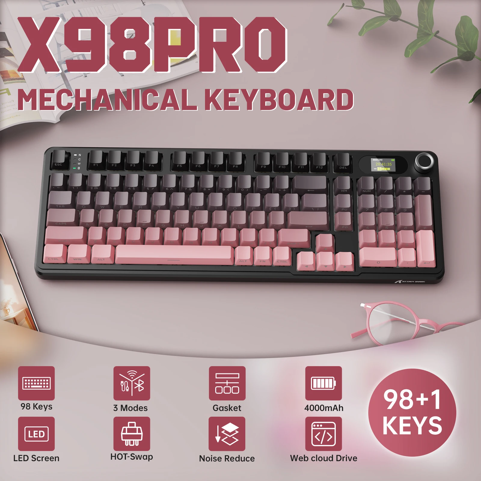 ATTACK SHARK X98PRO Tri-Mode Wireless Gaming Mechanical Keyboard 98 Keys Hot Swap RGB With LED Screen Knob 4000mAh Battery