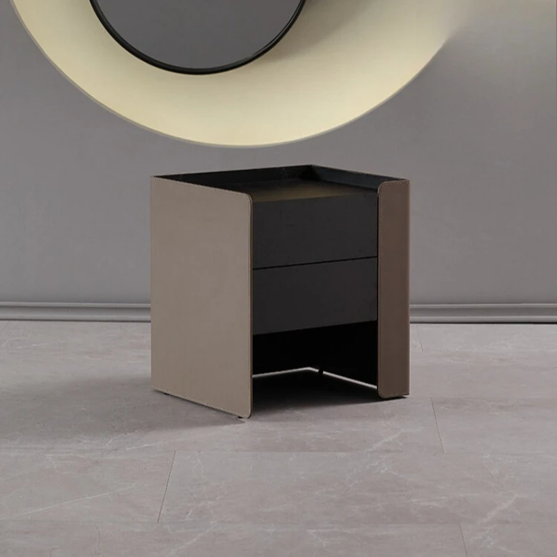 

Saddle leather bedside table, high-end bedroom bedside table Italian minimalist, smoky color storage locker