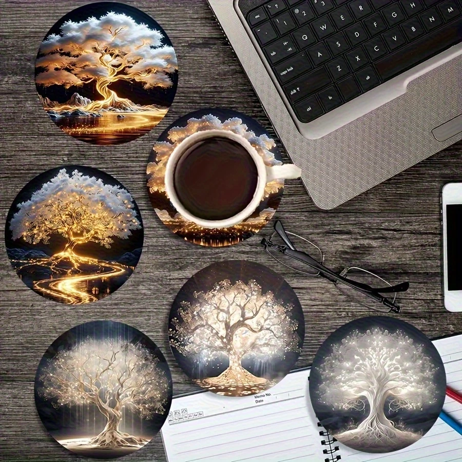 6pcs 2D Golden Life Tree River Art Round Wooden Coaster Holder Dreamy Home Coffee Shop Table Decor Artistic Cup Mat Party Gift