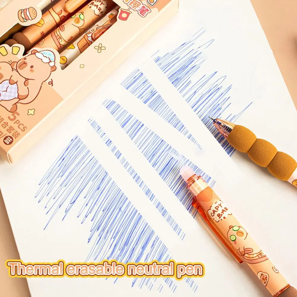 5PCS/Set Cartoon 0.5mm Blue Ink Erasable Pen Capibara Panda Rabbit Quick Drying Gel Pen Soft Grip Ballpoint Pen Writing Tool