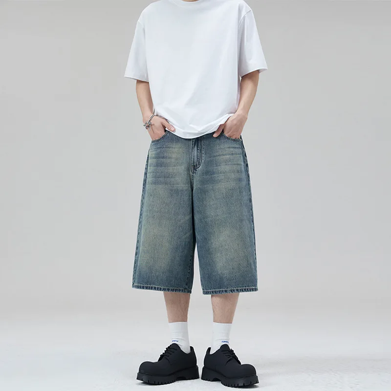 NEW Korean Style Vintage Men's Jeans Summer Loose Male Wide Leg Knee Length Shorts New Washed Fashion Short Denim Pants