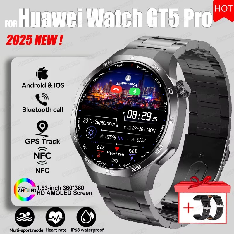 2025 For HUAWEI GT5 Pro GPS Track Smart Watch Men 360*360 AMOLED Screen NFC BT Call Waterproof Health Monitor Man Smartwatches