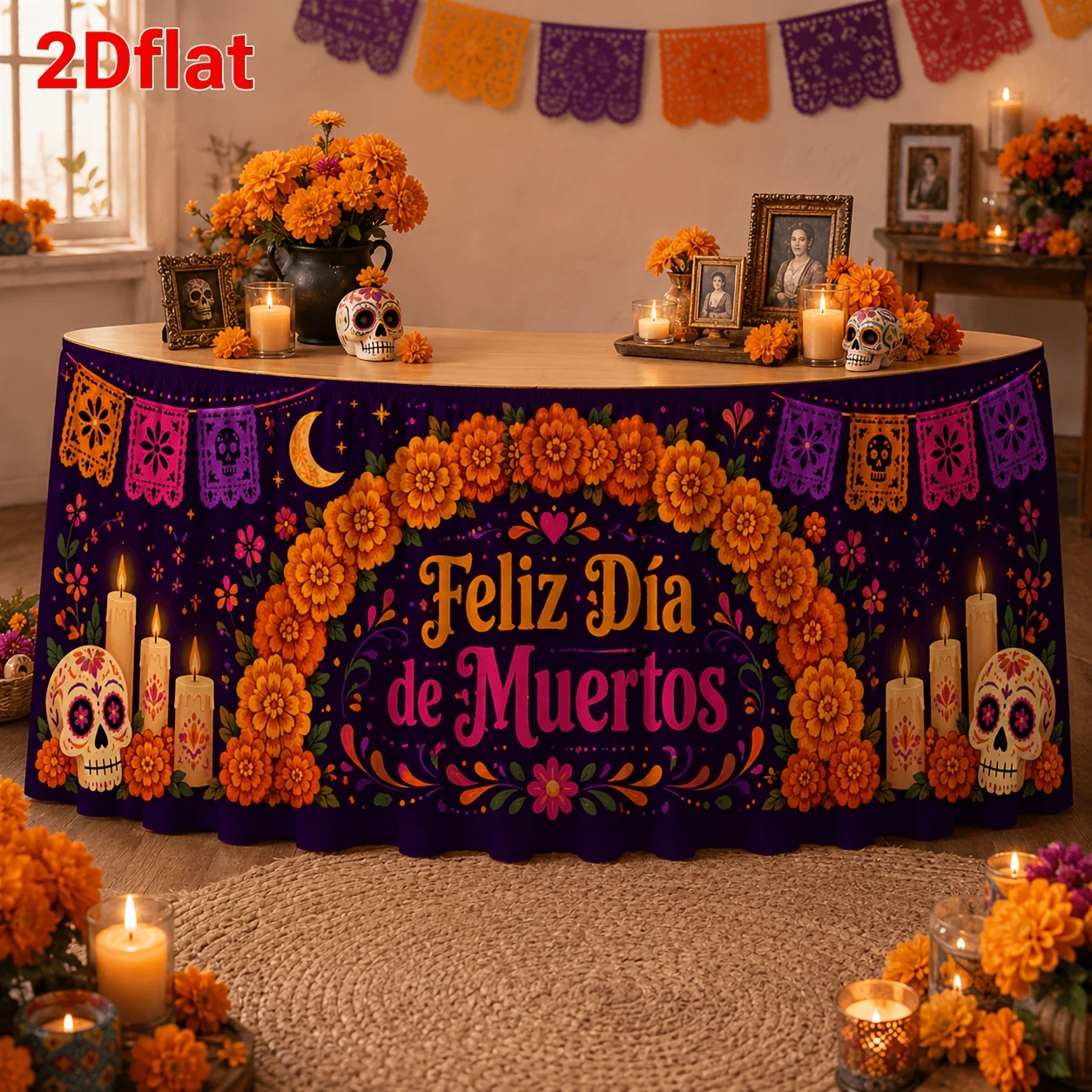1 piece of tablecloth / table runner Feliz Dia De Muertos (Day of the Dead) sugar skull marigold candlezyc