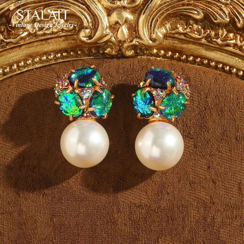 

Vintage Green Opal Earrings White Pearl Luxury Designer Jewelry Colorful Three Leaf Stud Accessories For Women Trends 2025 New