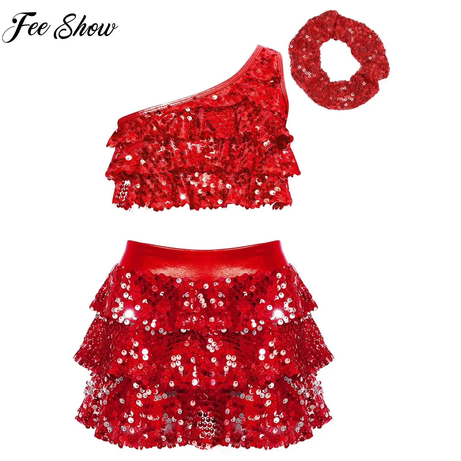 Kids Girls Jazz Dance Costume One Shoulder Shiny Sequins Crop Top Shorts Two Pieces Stage Performance Dancewear Party Outfit