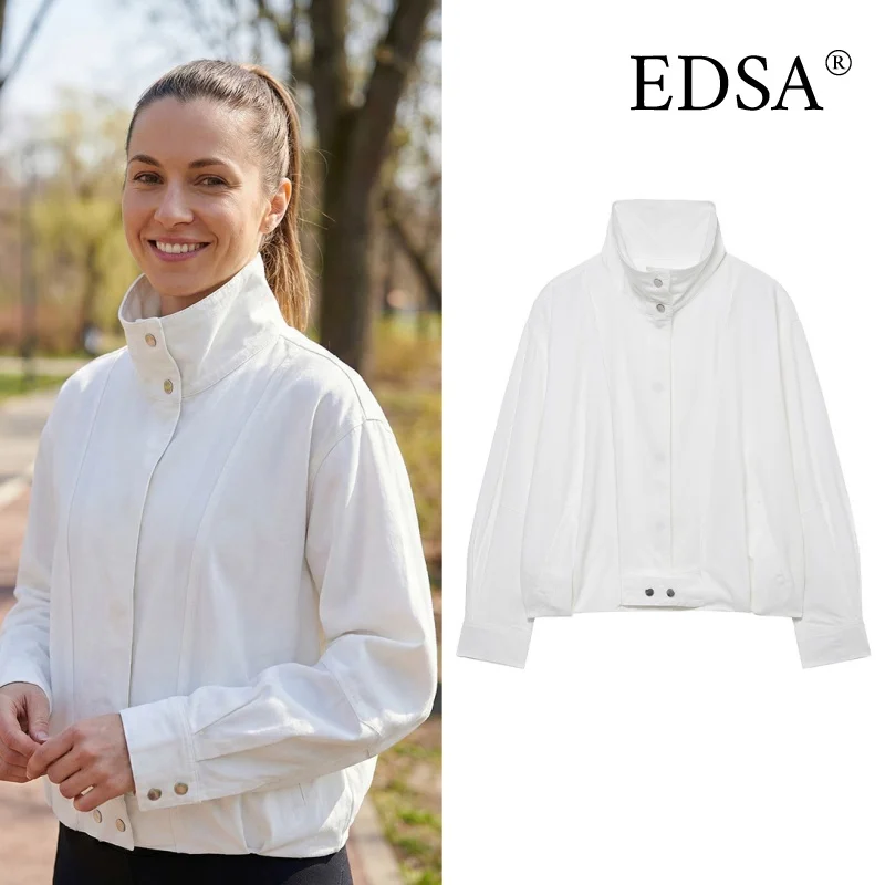 

EDSA Women White Bomber Jacket Long Sleeves High Neck Side Zipper for Female Sports Top Spring Autumn Outerwear