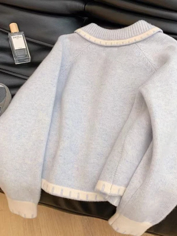 

Blue Knitted Button-Up Cardigan for Girls Big Kids Autumn Winter Lazy Sle Sweater Jaet Soft Cozy Long Sve Doll Collar