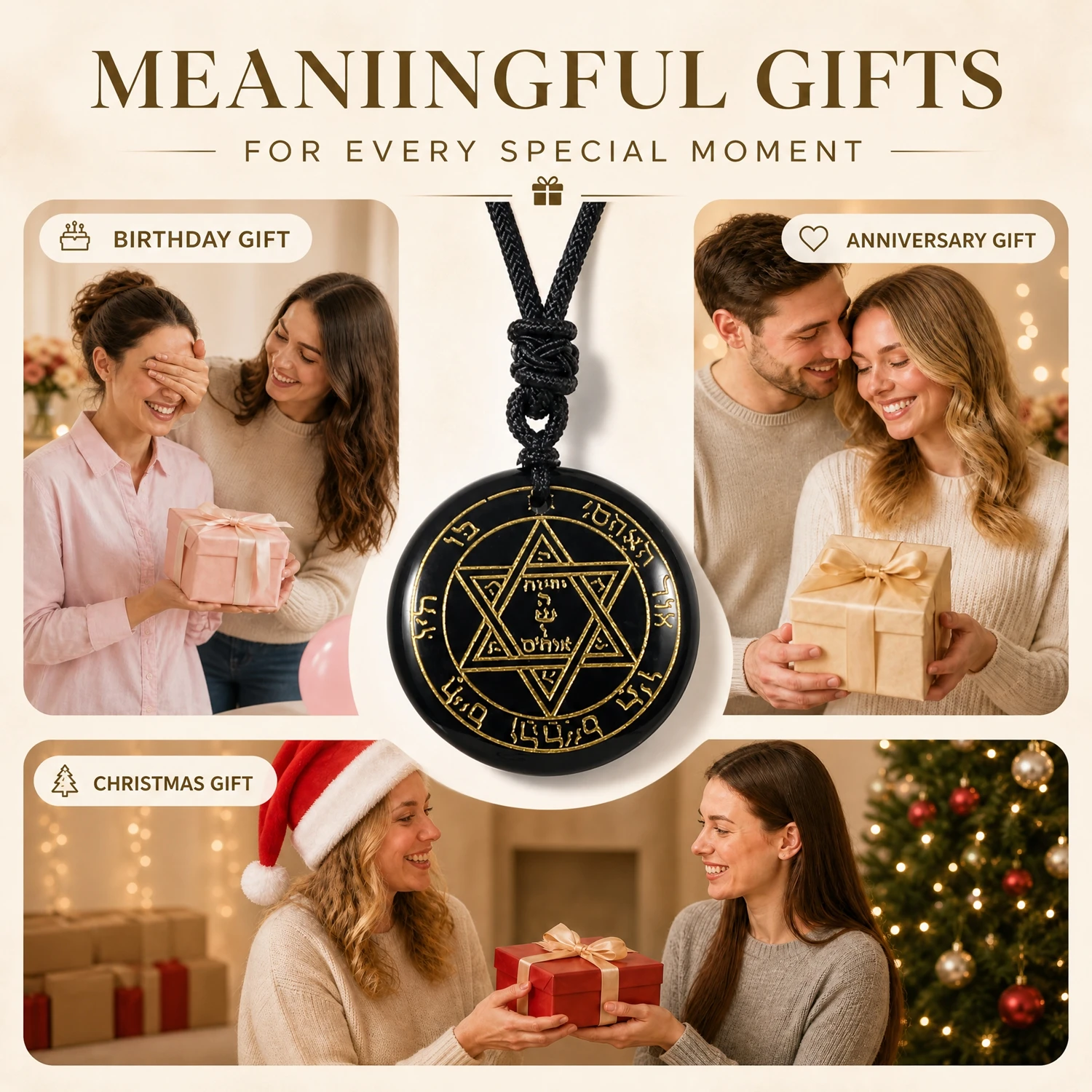 Natural Obsidian Carved Solomon Auspicious Talisman Pendants Lucky Bringing Wealth Love Religious Spirit Belief Jewelry Necklace