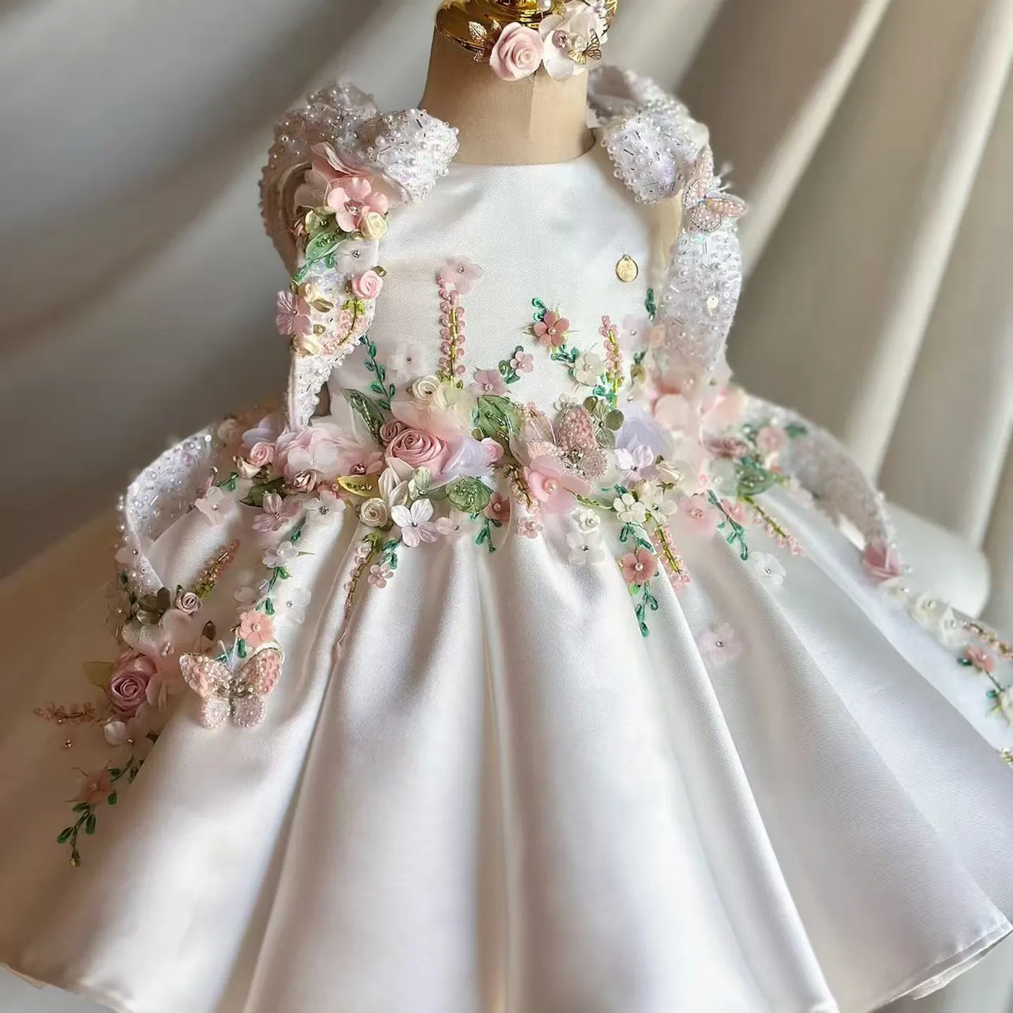 Flower Girl Dress Satin 3D Floral Embellished Ball Gown Wedding Gown First Christmas Party Dress For Girlsفساتين اطفا image 6