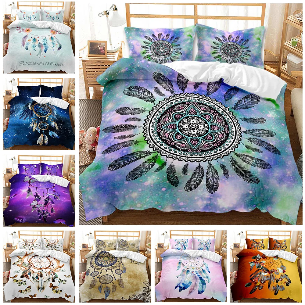 

Bohemian Queen-Size Dream Catcher Feather Duvet Cover Set. Features Tie-Dye Spiral Mandala. Ideal for Kids, Boys, Girls & Teens