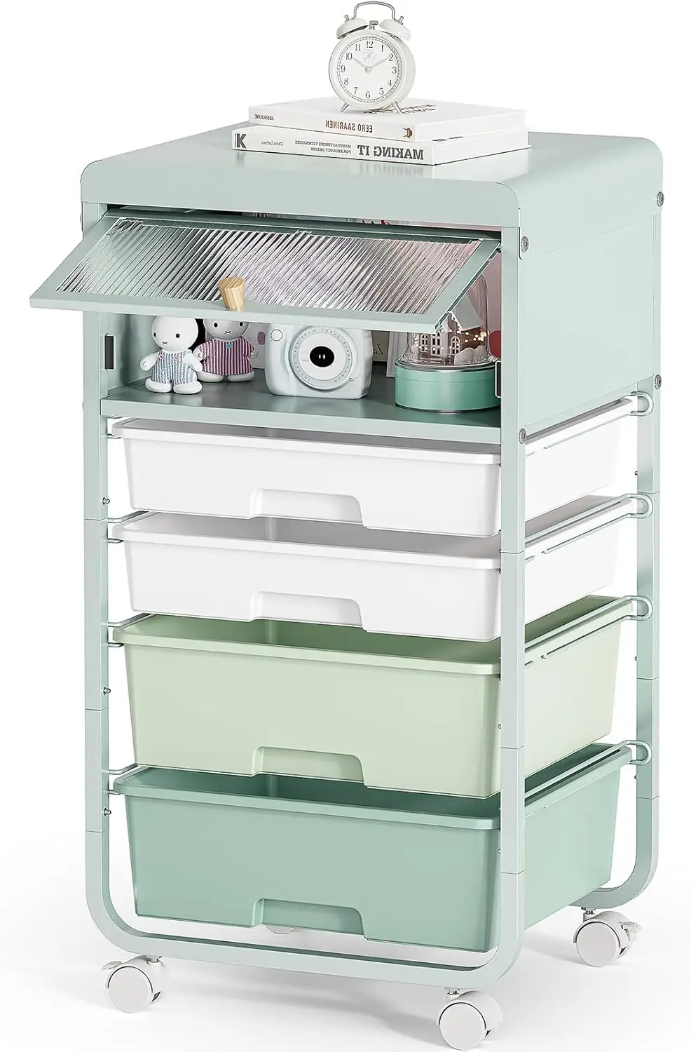 

4-Tier Rolling Storage Cart with Drawers & Dust-Proof Door for Craft Room, Bedroom, Home Office in Green