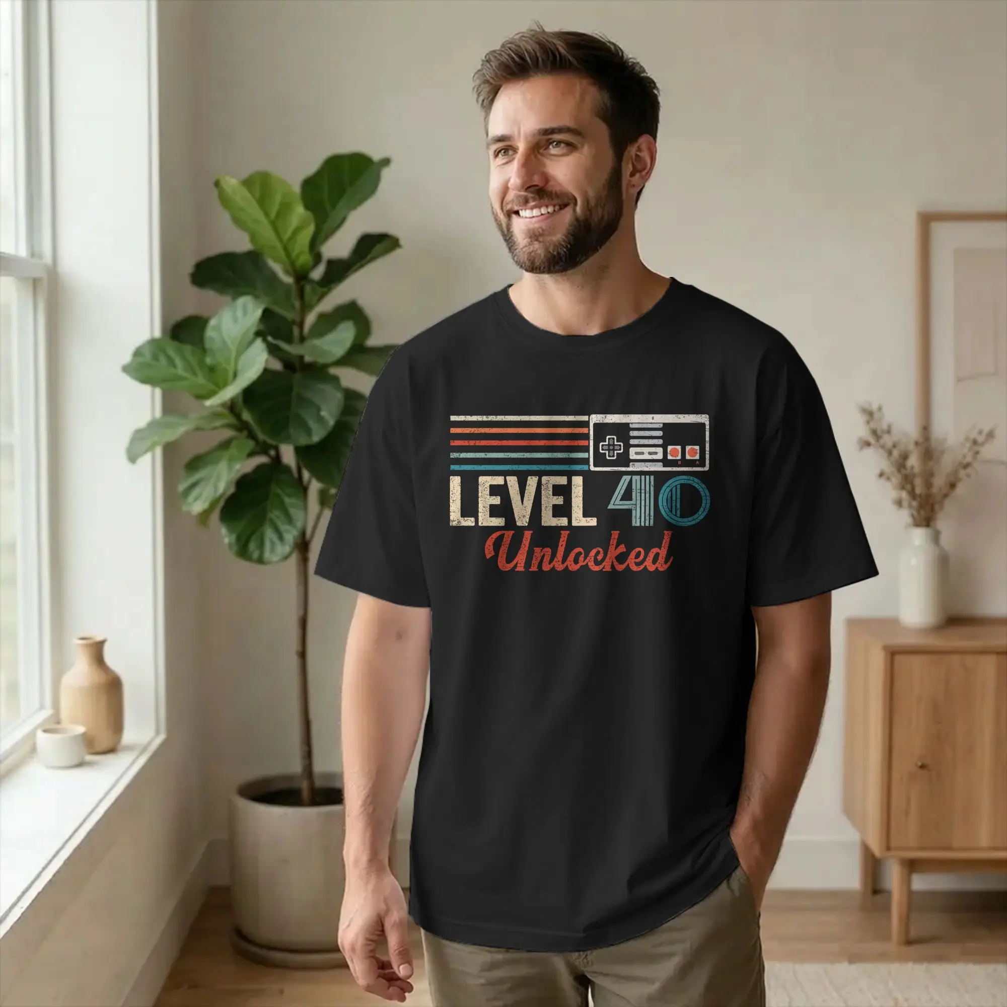 Unlocked Level 40 Birthday T-Shirts for Men Video Game Controller Funny Cotton Tees Round Neck Short Sleeve T Shirts Unique Tops