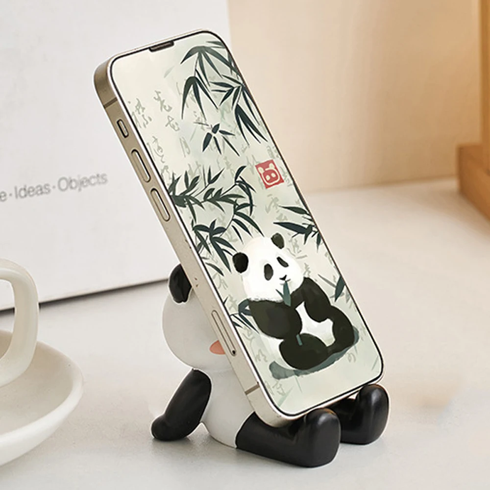 Universal Phone Holder Resin Panda Ornament Cartoon Desk Decor Panda Doll Toy Creative Cute Animal Figurines Office Decor