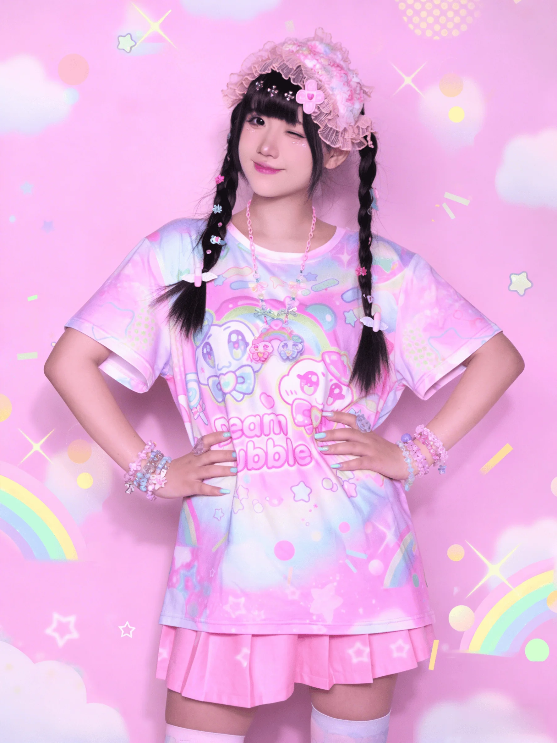 

2026 Macaron World Rainbow Cloud Full Print Contrasting Color T-shirt New Y2k Summer Harajuku Style Children/adult Oversized Top