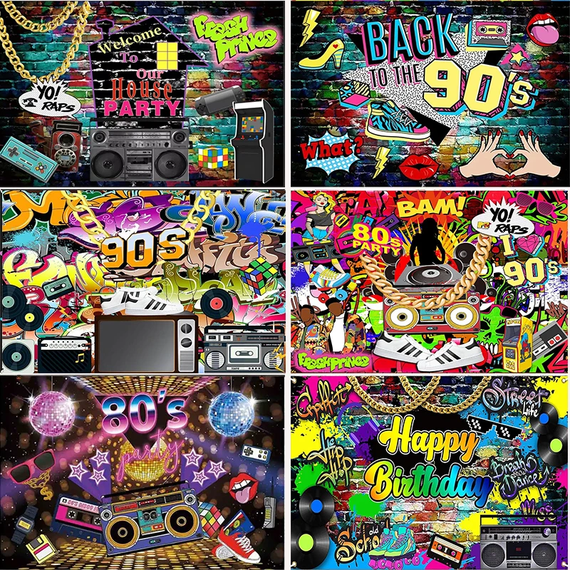 

80's 90's Birthday Party Backdrop Back 80's Hip Hop Themed Photography Background Retro Graffiti Rock Punk Decorations Banner