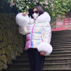 2023 New down jacket with sequins, short and thickened winter fox fur collar hooded jacket, European and American cold and warm