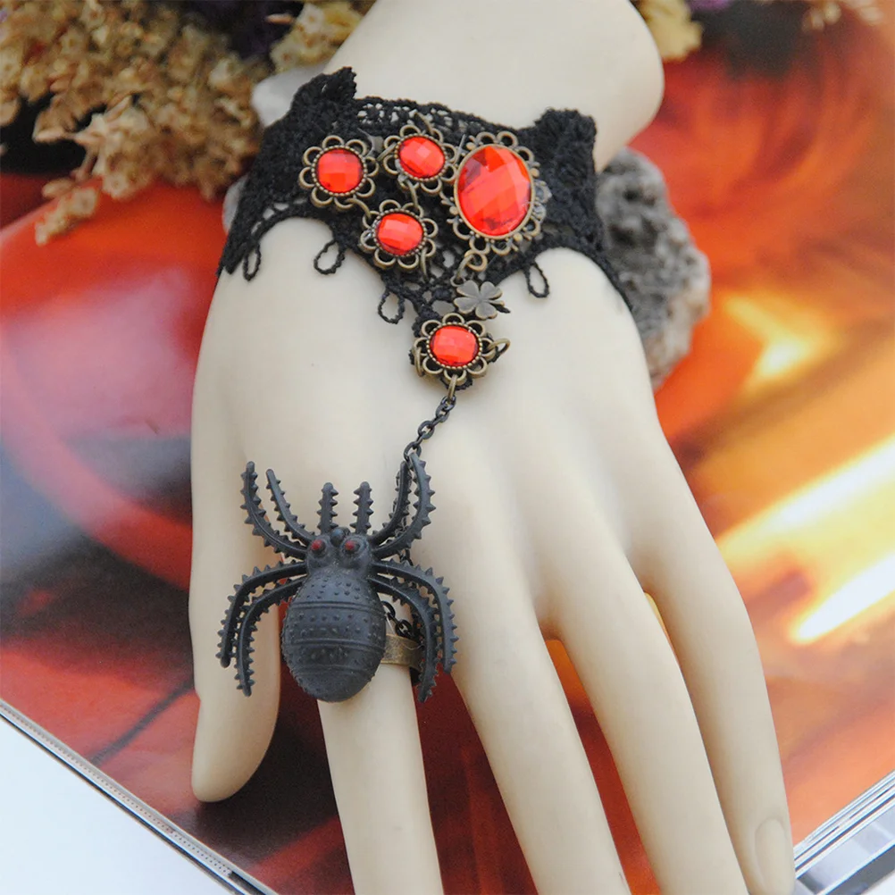 Halloween aranha web pulseira goth punk vintage para mulheres gótico alta imitação de cristal broca poliéster renda senhorita