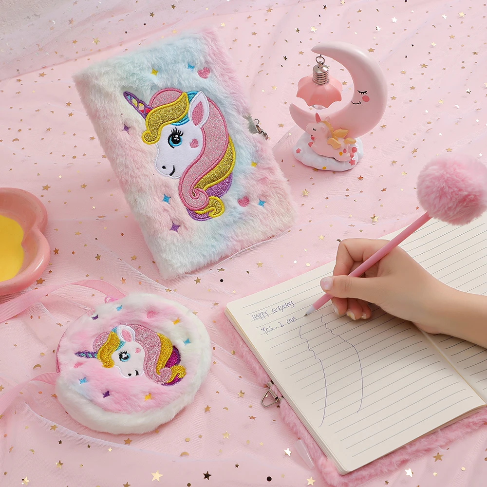 3pcs Diary Notebook SeT Plush Unicorn Stationery For Children Cartoon Notebook Crossbody Bag Plush Pen Student School Supplies