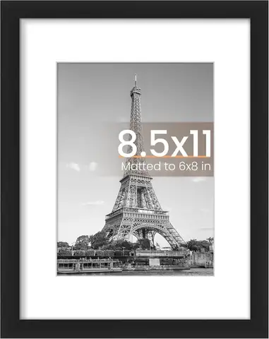 8.5 By 11 Picture Frame, Display Pictures 6x8 with Mat or 8.5 x 11 Without, Wall Hanging Photo Frames, Black, 1 Pack