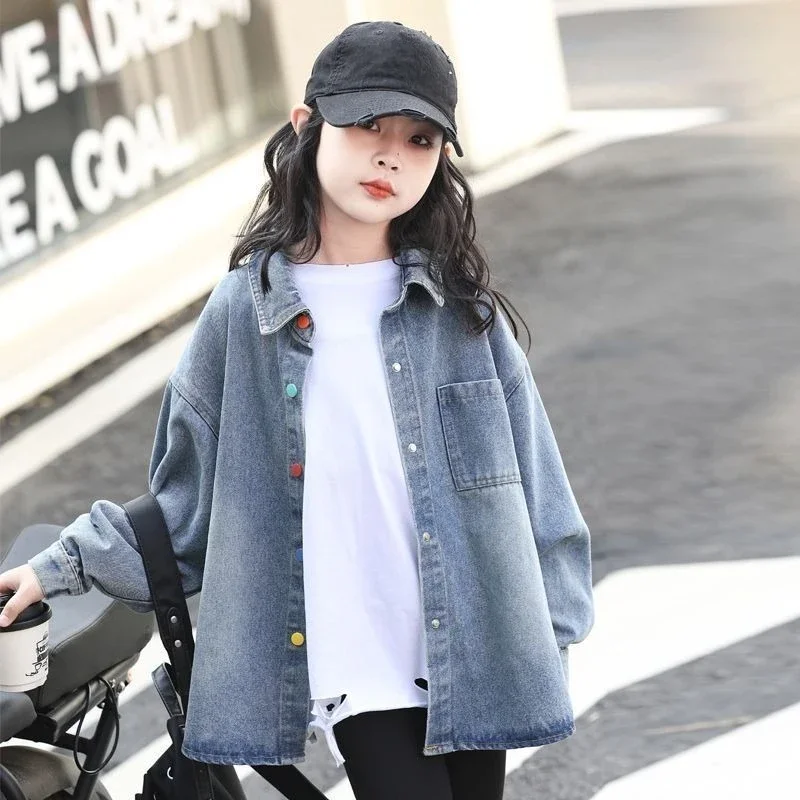 Kids Girls Thin Lightweight Cowboy Shirt Spring Autumn Super Soft Student Style Patterned Overlay