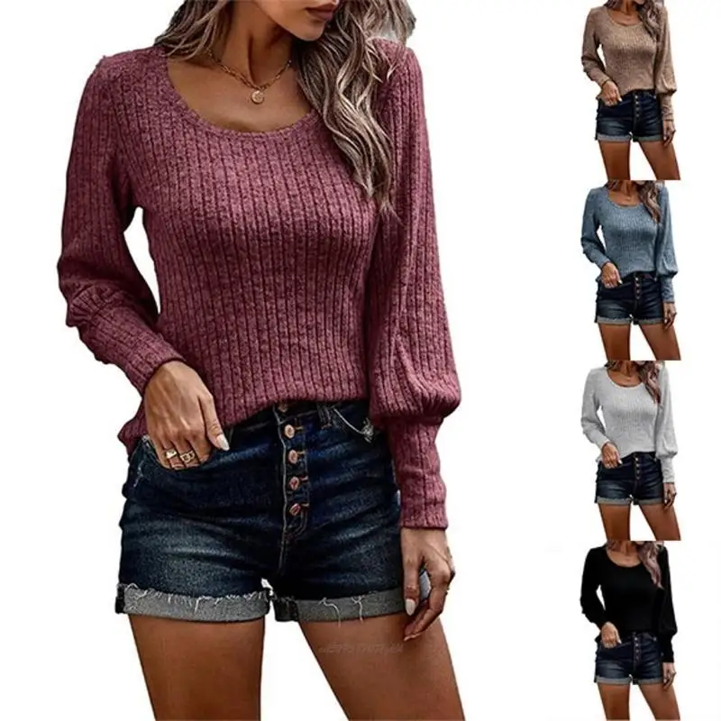 X5XA Cardigan en tricot côtelé à manches longues lanterne pour femmes, haut décontracté à col rond