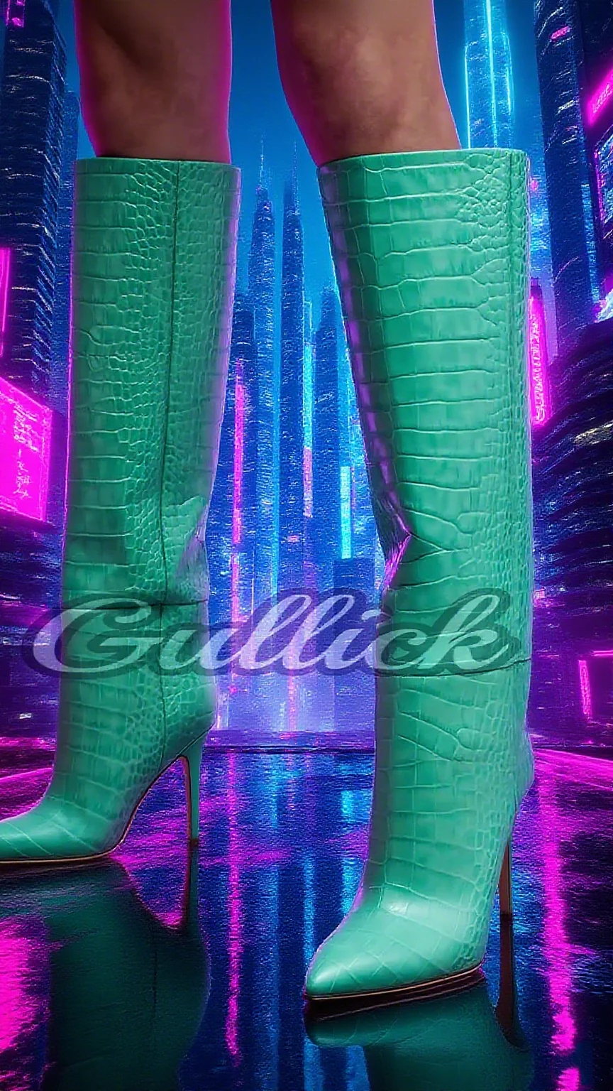 

Green Crocodile Pattern Boots Pointed Toe Knee-high Botas Women Slip On Luxury Designer Shoes Autumn Winter Zapatos De Mujer New