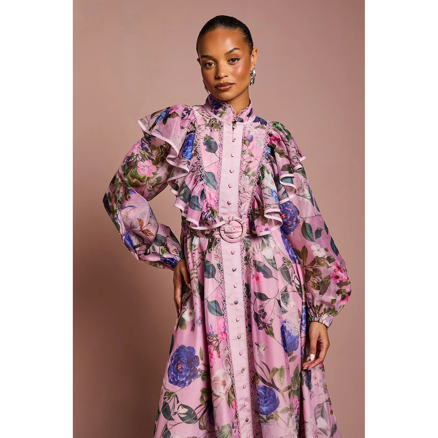 レトロな花柄プリントレースロングドレス、ウエストシェイプベルト付き、レディースストラップガウン、プリンセススタイル、ポリエステル繊維、春シーズン