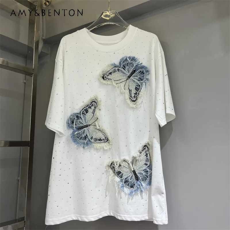

Heavy Craft Rhinestone Oversized Slimming T-shirt Top Women's New Summer Fashion Butterfly Embroidery Patchwork Short Sleeve Tee