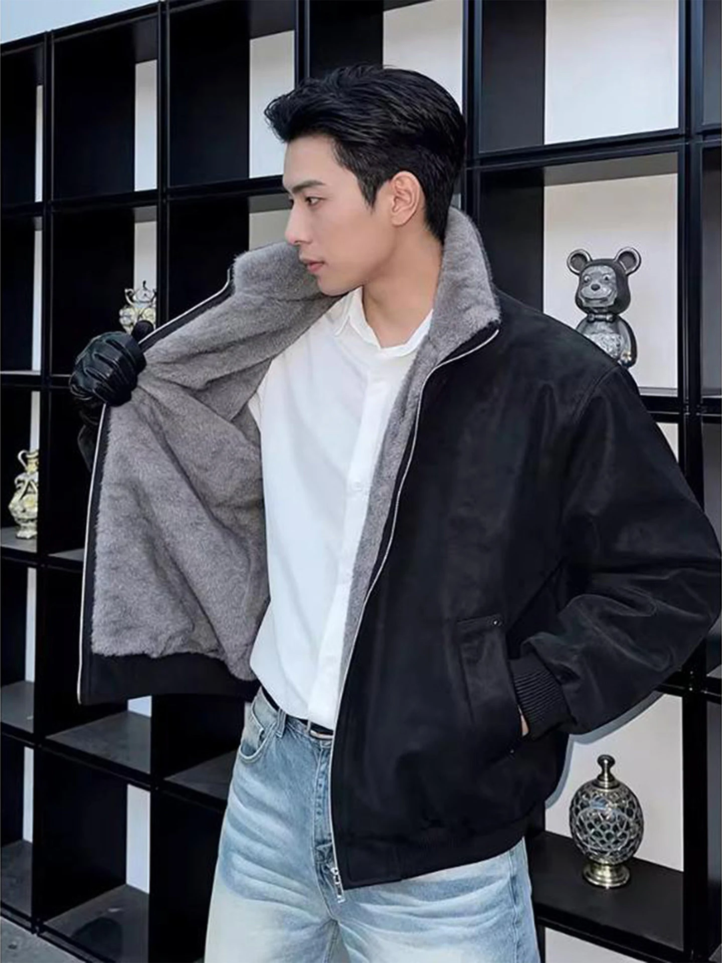 

American Sle Men's Thiened Fce Lined Cotton Jaet PU Leather Wolf Tone Mountain Eagle Flight Jaet Winter Coat