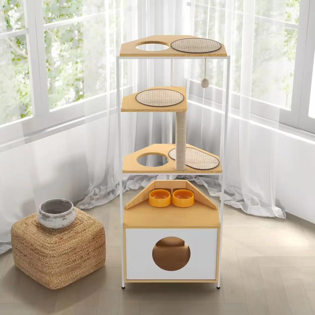 Muebles para mascotas, torre esquinera para gatos, árbol para gatos, condón para gatos con poste rascador, estación de alimentación y plataformas de escalada para gatos de interior