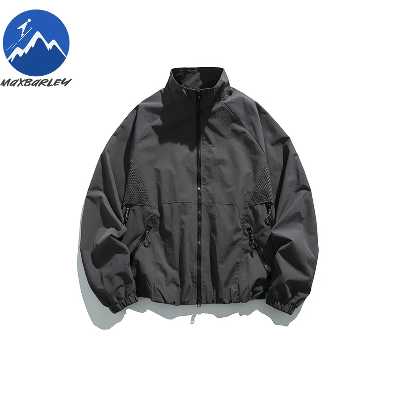 Maxbarley Men Jacket Outdoor Trekking Mesh Patchwork Breathable Stand Collar Jacket Men Autumn Loose Waterproof Durable Garment