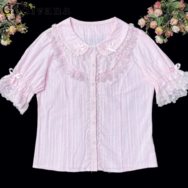 

Lolita Summer Sweet Peter Pan Collar Puff Sleeve Shirt Elegant Girl Lace Ruffles Splicing Age-reducing Versatile Loose Shirts