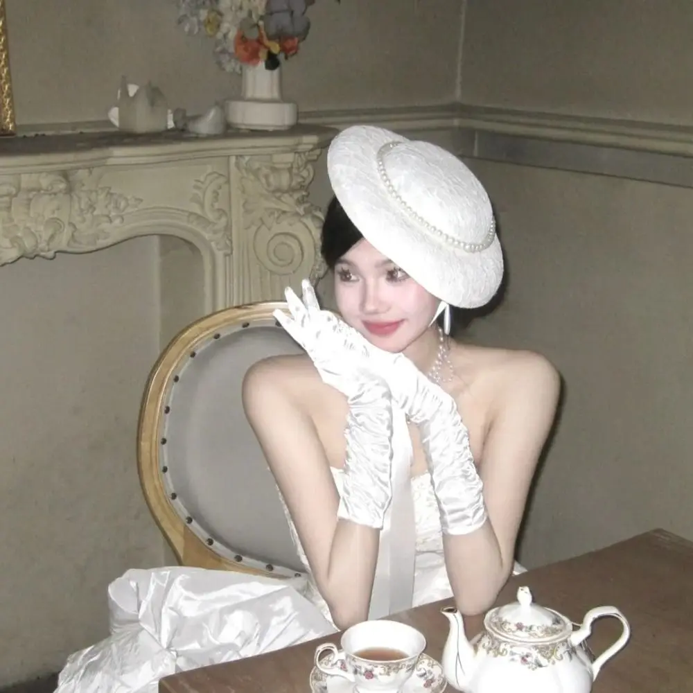 Retro White Satin Long Gloves Lace Vintage Wedding Bridal Gloves Elastic Sweet Long Finger Mittens Banquet