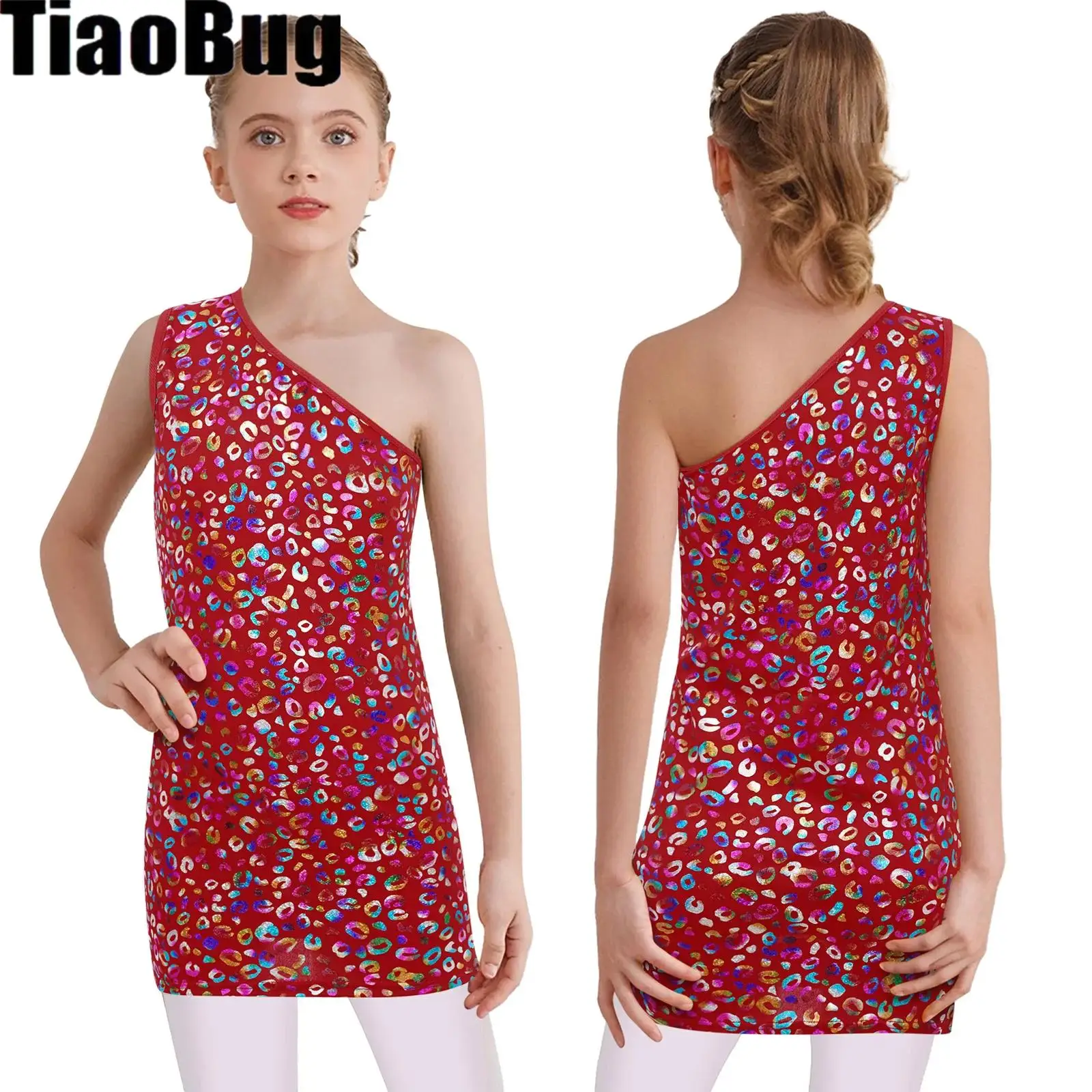 Crianças meninas vestido de dança metálico cheerleading palco desempenho traje um ombro sem mangas leopardo para jazz