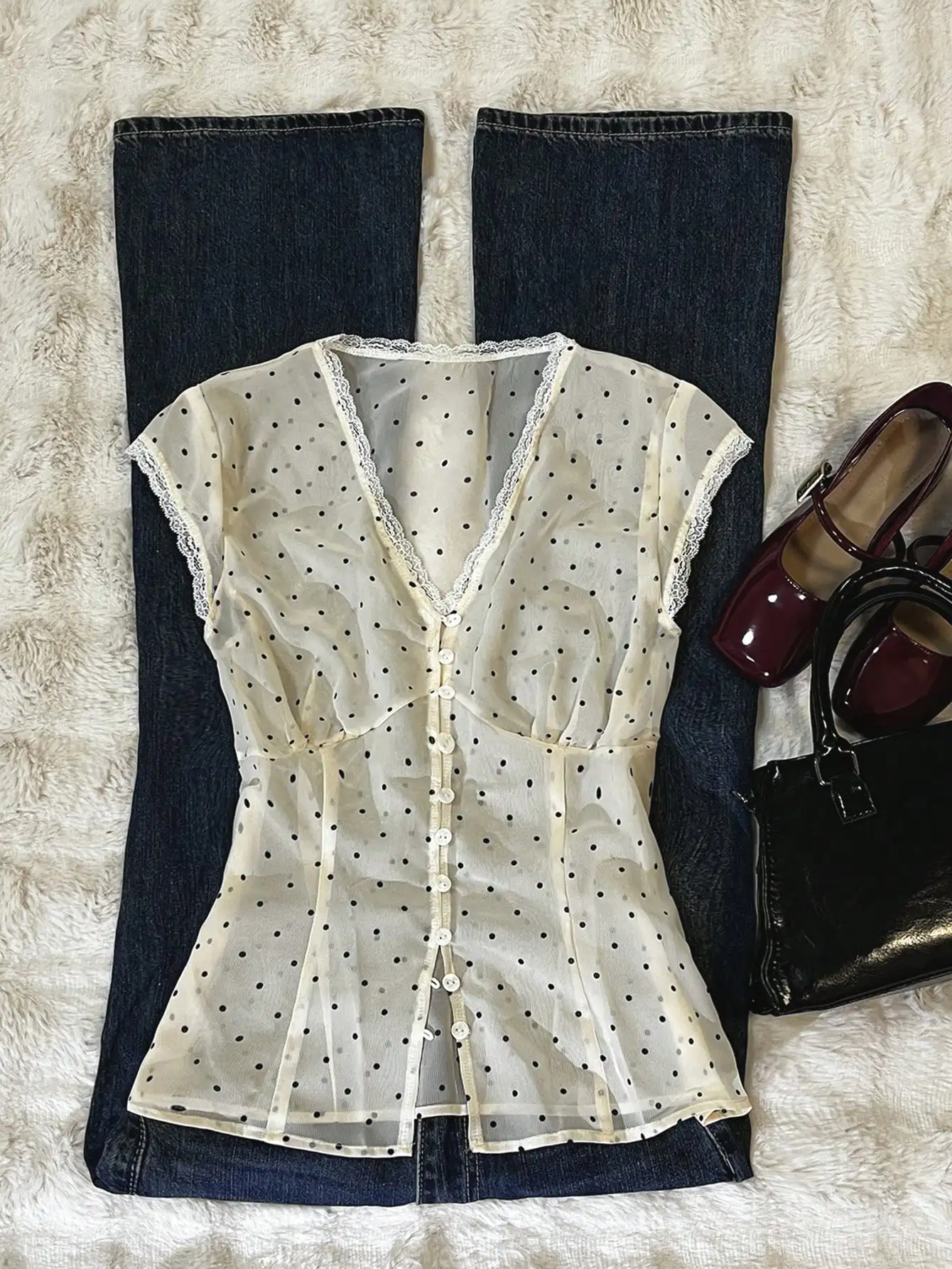 

Women's Polka Dot Lace Trim Button Down Blouse with Capped Sleeves