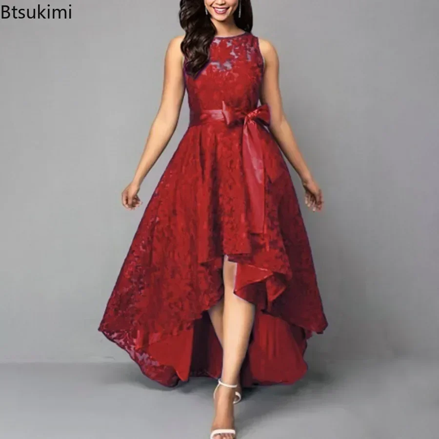 2025, Damen-Hochzeits-Brautjungfernkleid, elegante Spitze, süßes Abendkleid, Übergröße, schlank, hohe Taille, Schleife, Maxikleider, weiblich