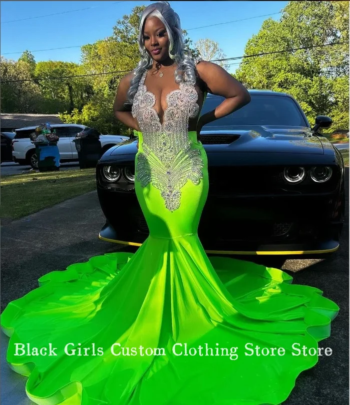 Luxury Fruit Green Mermaid Prom Party Dress 2024 Glitter Beaded Crystal Rhinestone Black Girls Formal Robe De Cocktail