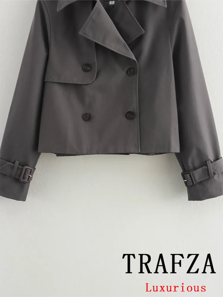 TRAFZA Vintage Casual Chic Women Jackets Solid Double Breasted Turn-down Collar Long Sleeve Short Coat Fashion 2024 Autumn Coat