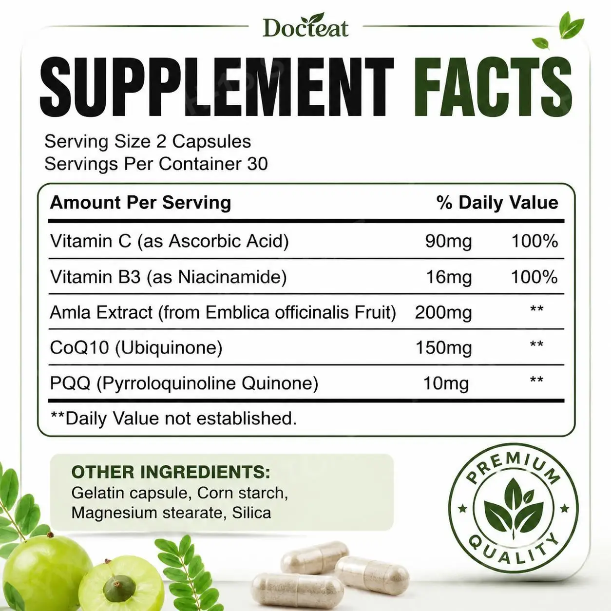 Docteat Amla Capsules with CoQ10 PQQ Vitamin C B3 60 Counts Herbal Extract Antioxidant Daily Energy & Wellness Supplement