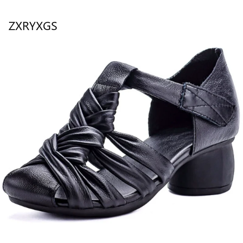 ZXRYXGS Top Cowhide Woven Hollow Breathable Women Genuine Leather Sandals 2026 Summer Round Toe Elegant Modem Sandals High Heels view 3