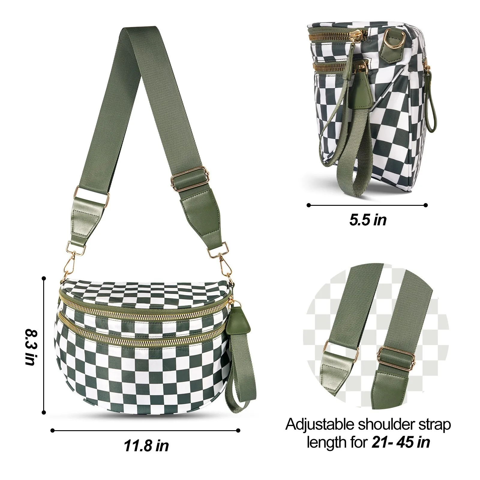 Black and White Checkered Spacious Bum Bag Crossbody Bags for Women Nylon Travel essentials Mommy Bag Diaper Bag for Mom