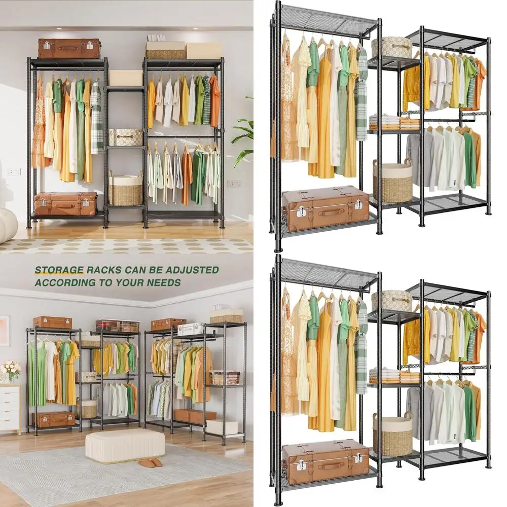 

Compact Heavy-Duty Metal Clothing Rack with 3 Hanger Rods and 8 Shelves, Black