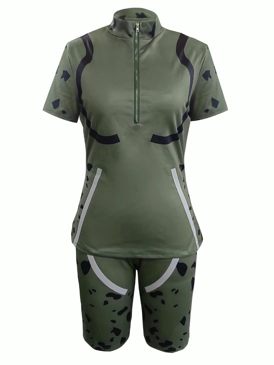 LW Sporty Leopard Print Patchwork Army Green Two Piece Shorts Set High Street Short Sleeve Top& Skinny Shorts Outfits