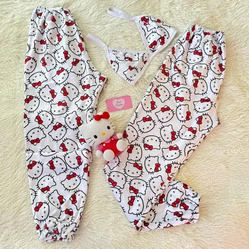 Kawaii Sanrios Hellokitty Pajama Trousers Spring Autumn Home Leisure Summer Cartoon Air Conditioning Wear Sleeping Loose Pants