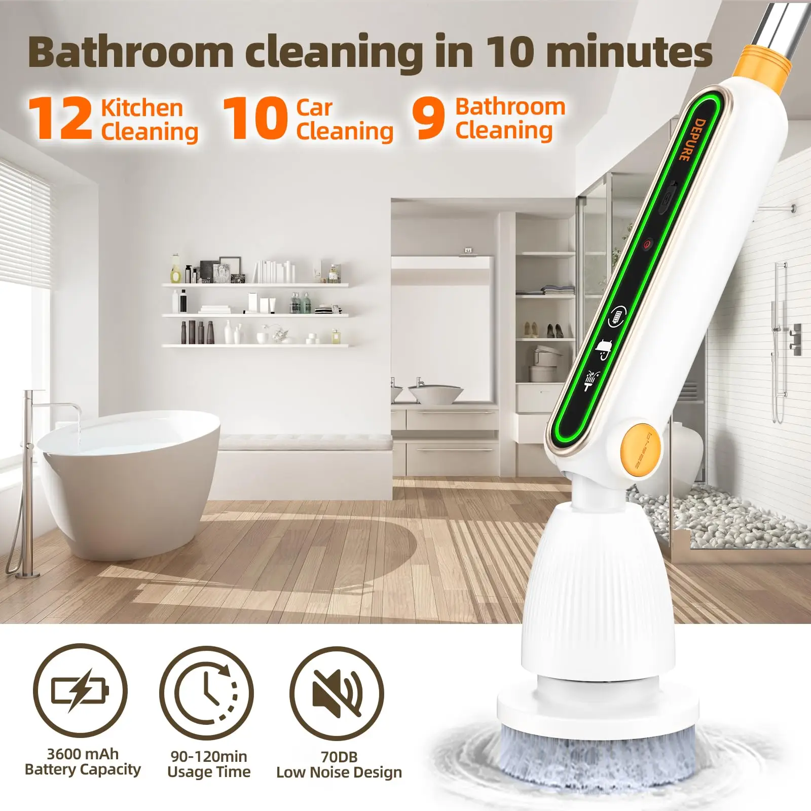 

Electric Spin Scrubber Quiet Cordless Power Scrubber Electric Cleaning Brush with 8 Replaceable Heads for Bathroom Tile Grout