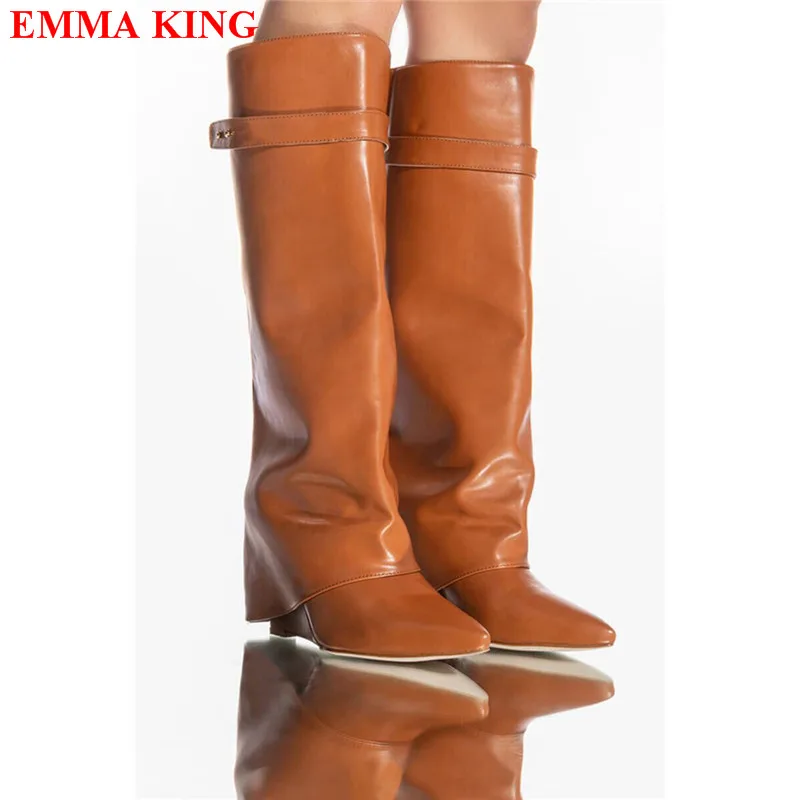 

Fashion Slip On Brown Knee High Boots Women Winter Pointed Toe High Heels Women's Long Boots Designer Wedges Shoes For Women